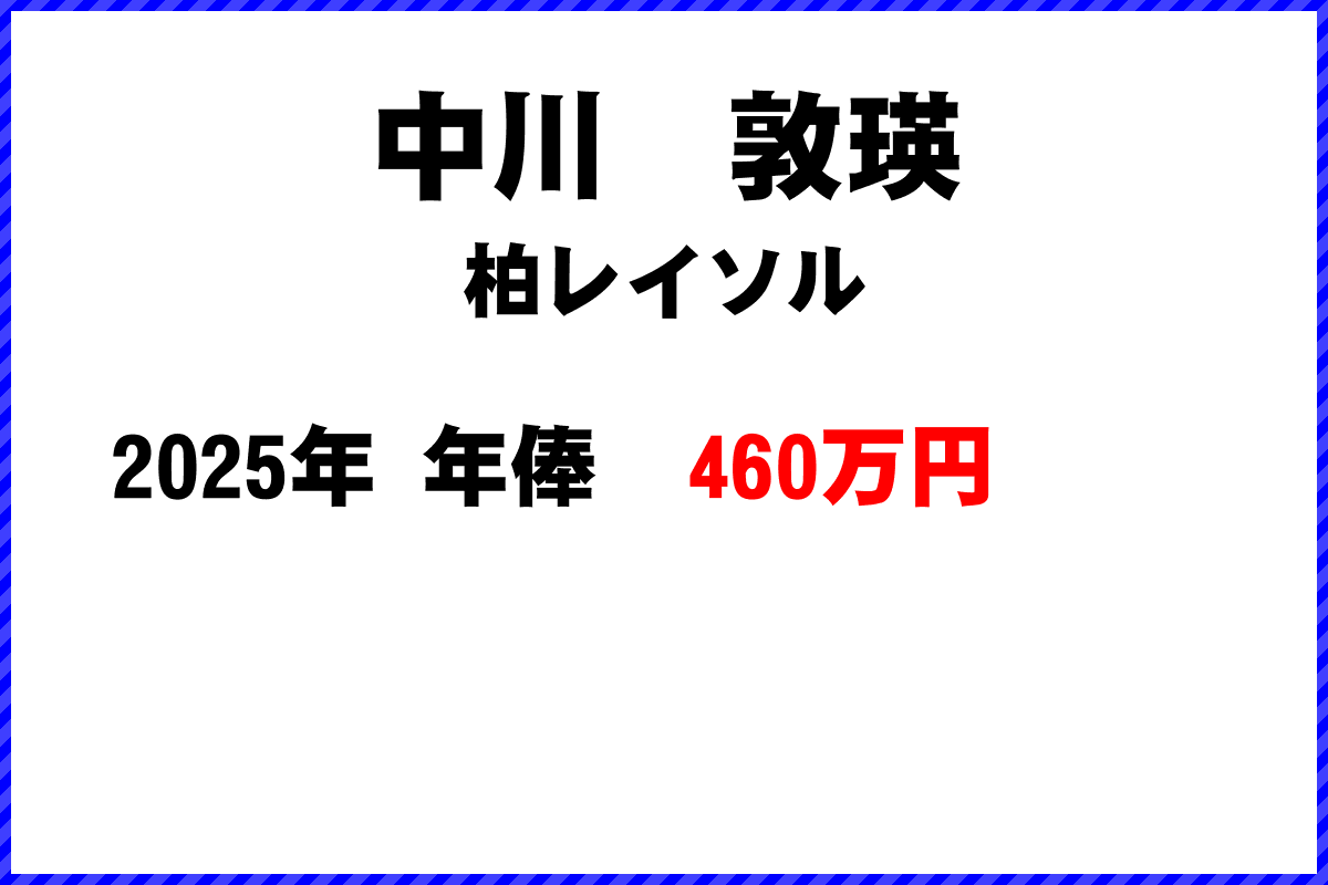 中川敦瑛選手の年俸