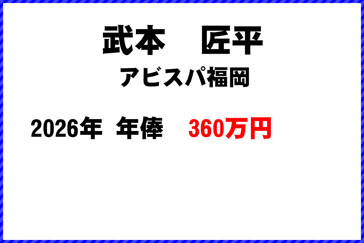 武本匠平選手の年俸
